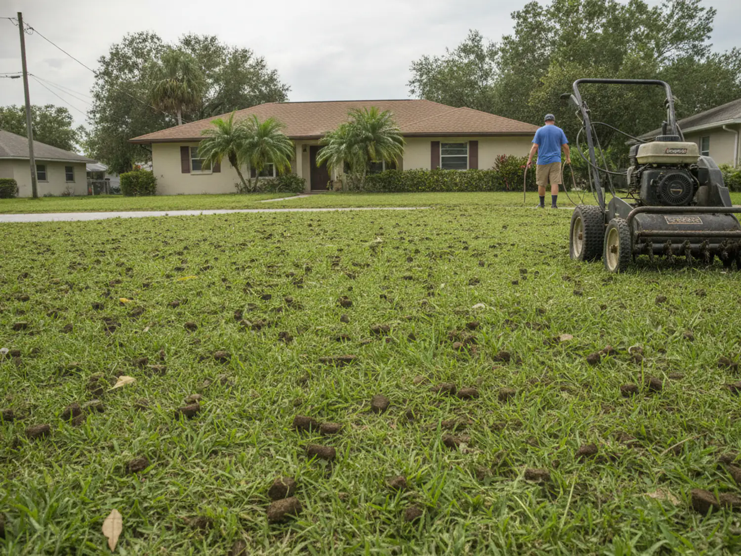 Soil plugs scattered across a lawn after core aeration, with the aerator at the edge of the frame