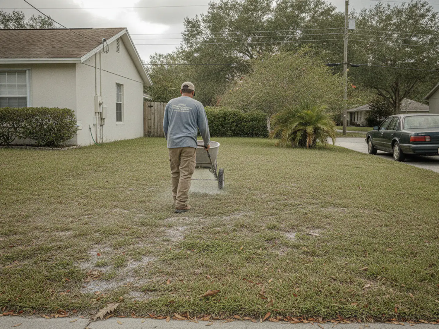 A worker pushing a broadcast spreader across the front lawn of a ranch house