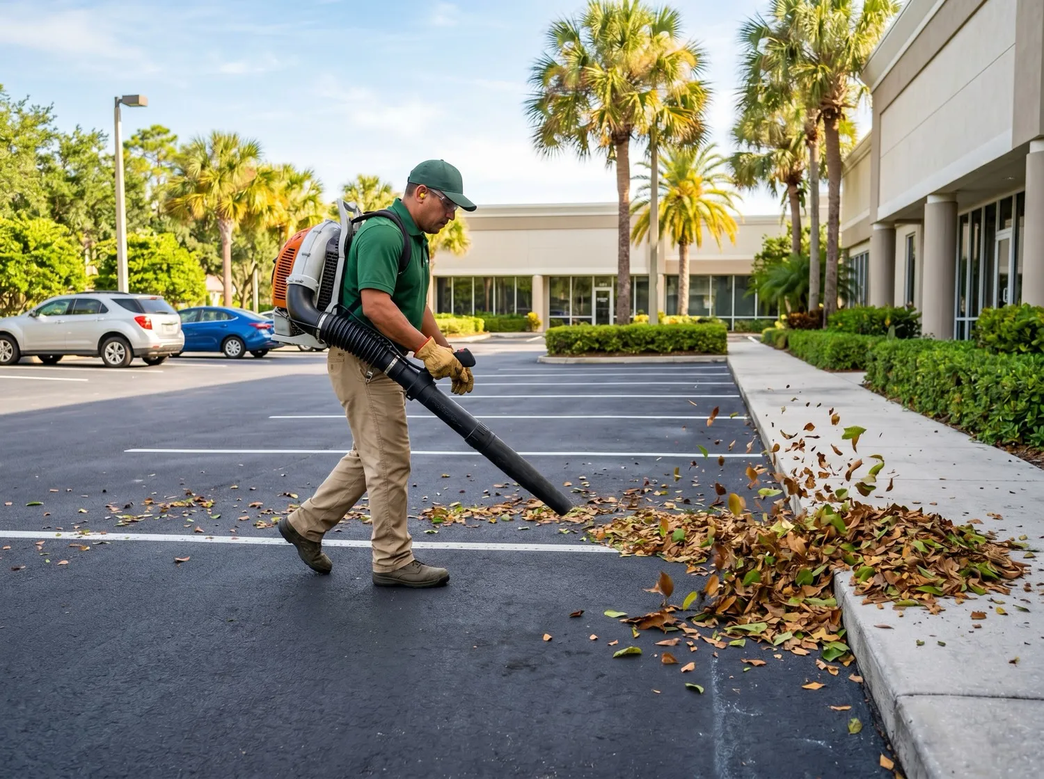 Leaf Debris Removal on a commercial property in Eustis, FL by Golden Lawn Care