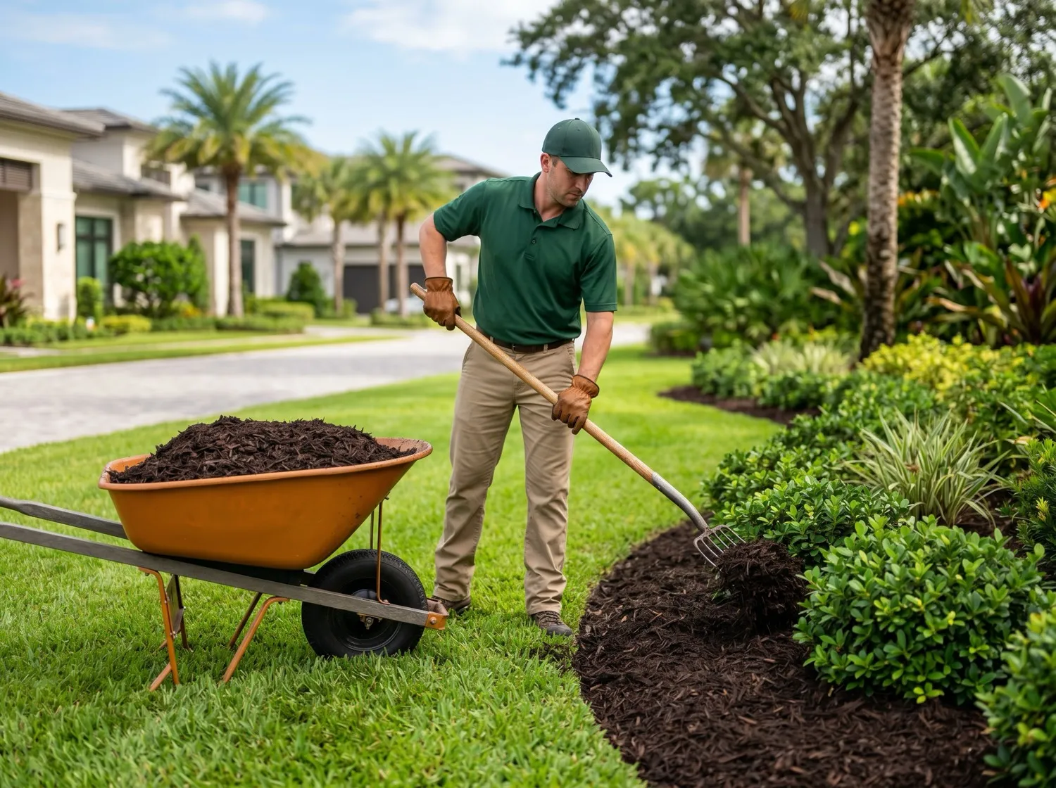 Mulch Installation on a commercial property in Eustis, FL by Golden Lawn Care