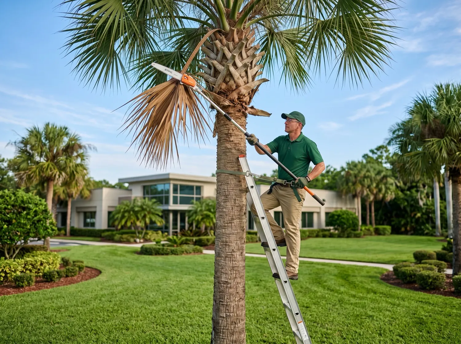 Palm Tree Trimming on a commercial property in Mount Dora, FL by Golden Lawn Care