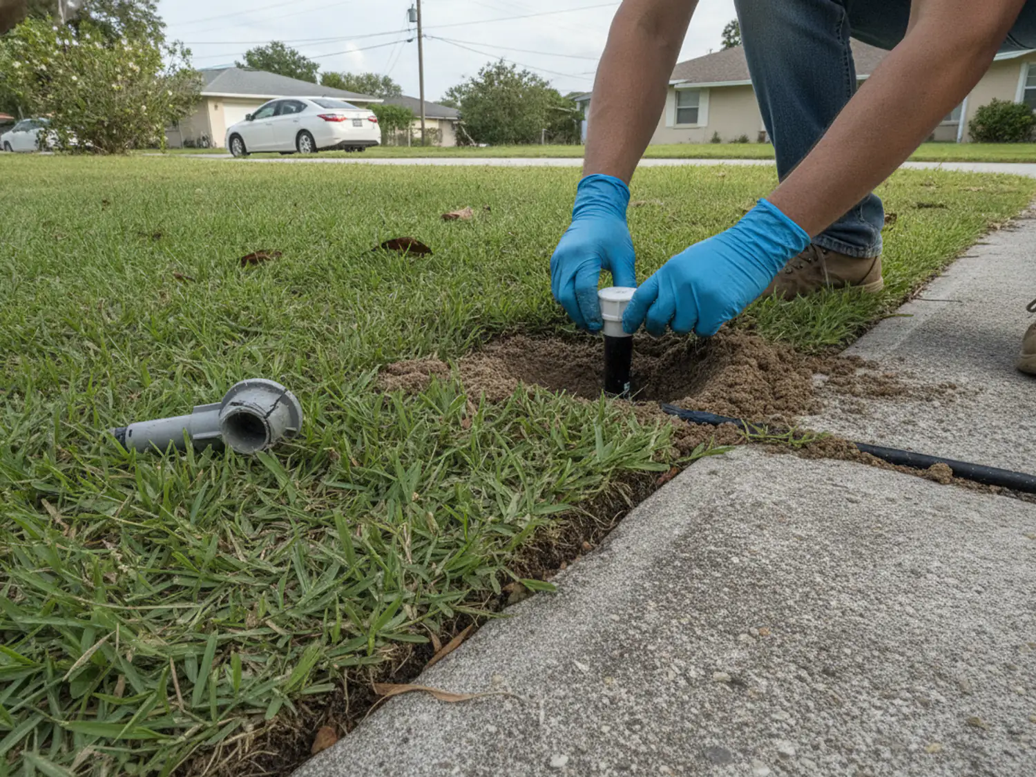Gloved hands fitting a new pop-up sprinkler head in a lawn beside a driveway